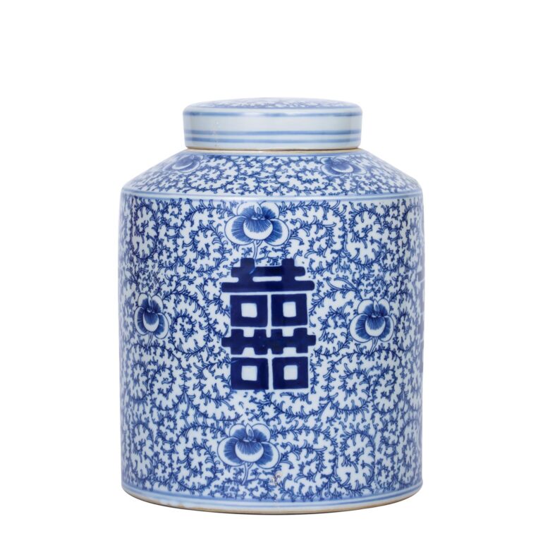 Blue And White Blooming Double Happiness Tea Jar