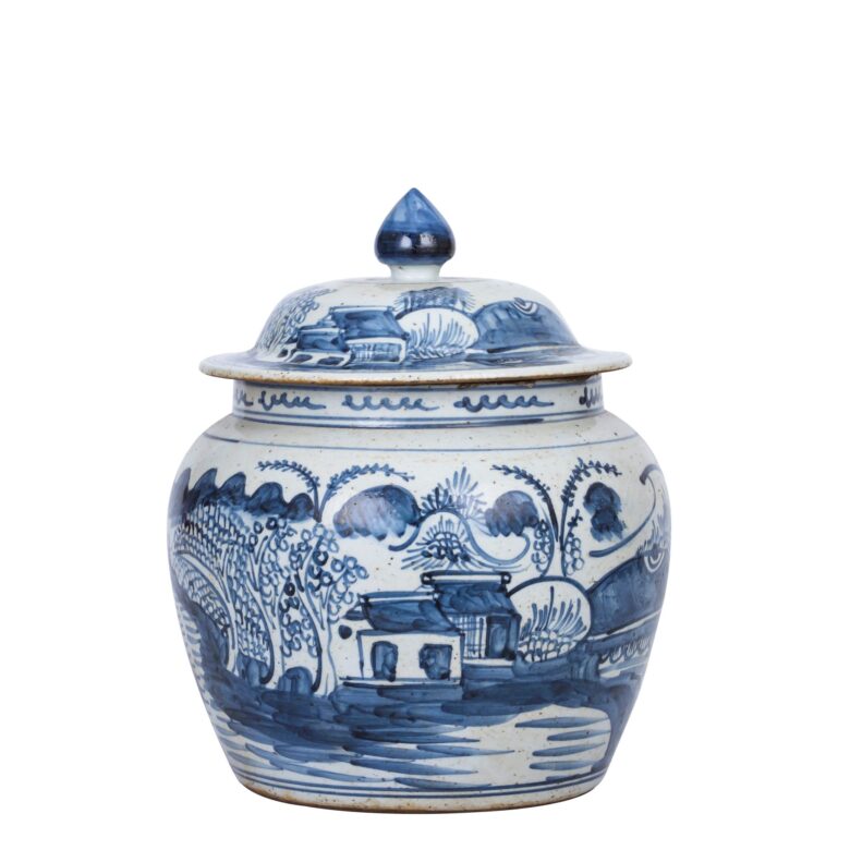 Blue And White Landscape Lidded Jar