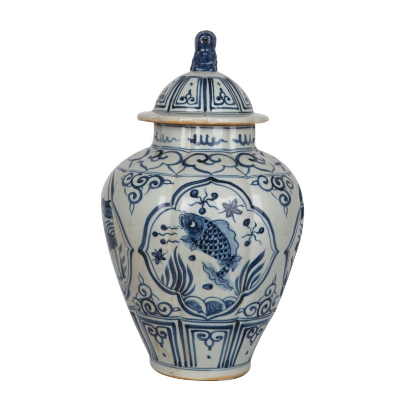 D - Blue And White Ridged Jar Fish Motif