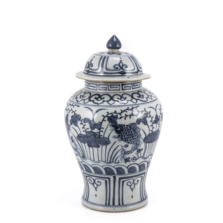 Blue And White Small Porcelain Temple Jar Fish Lotus Motif