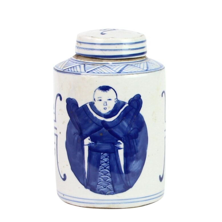 Blue And White Mini Tea Jar Ancient Scholar -