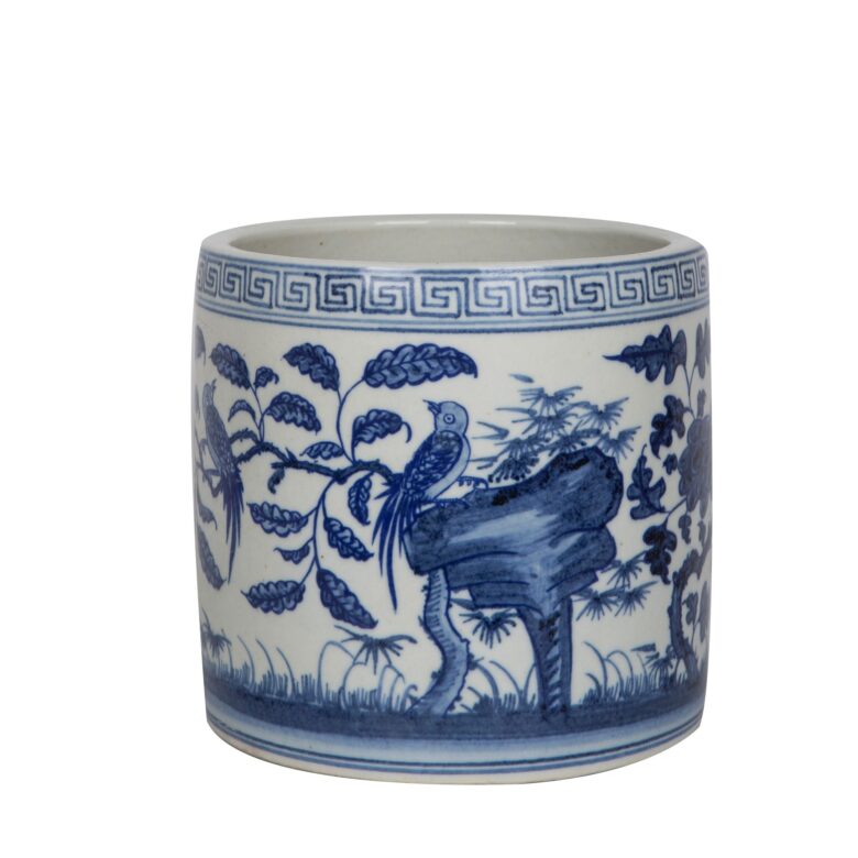 Blue And White Flower Bird Greek Key Cachepot