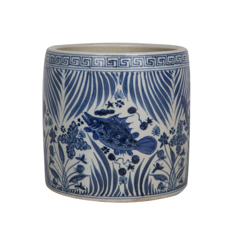 Blue And White Fish Lotus Greek Key Cachepot