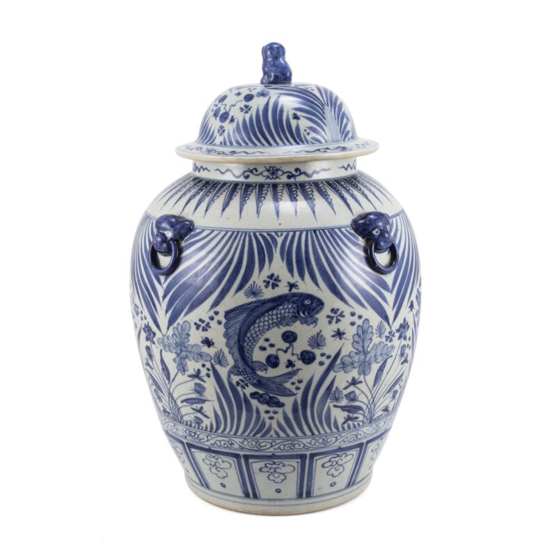 BW Fish Lidded Jar With Lion Handles