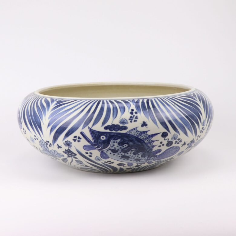 Blue And White Shallow Bowl Fish Motif Large