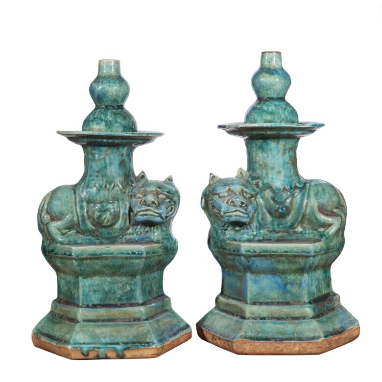 Speckled Green Lion Candle Holder Per Pair