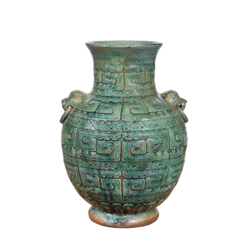 Speckled Green Greek Key Carving Vase