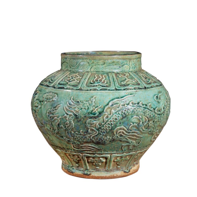 Speckled Green Carved Dragon Open Top Jar