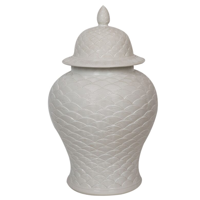 White Carved Sea Wave Temple Jar