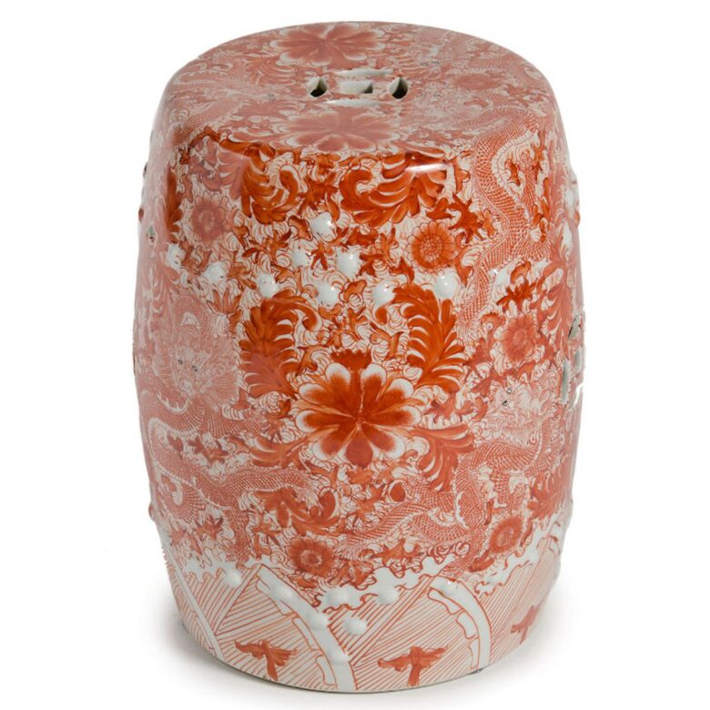 Orange Porcelain Garden Stool W/ Dragon Motif