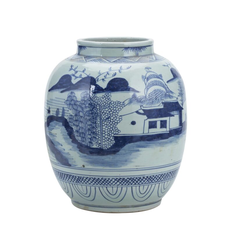 Blue And White Mountain Village Lantern Jar -