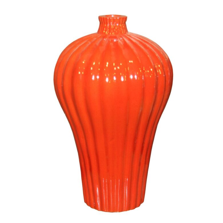 Fluted Lidded Prunus Vase - Orange Crackle