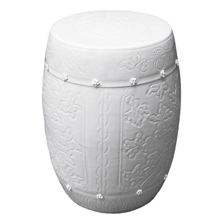 Medallion Stool Carved Lotus Motif - White