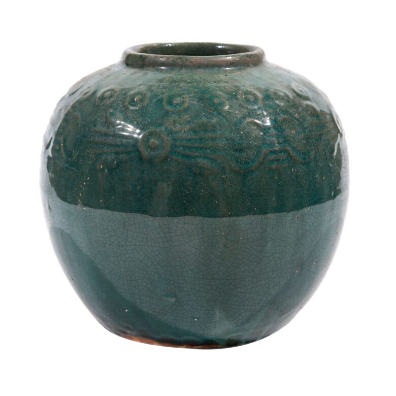 Vintage Dark Green Carved Jar Round