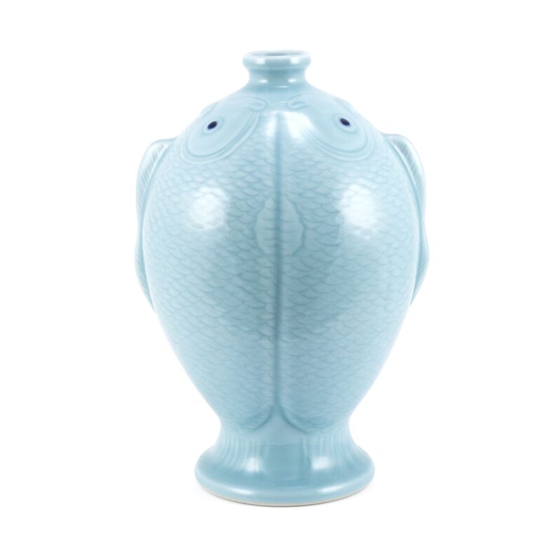 Seafoam Blue Carved Fish Vase Large