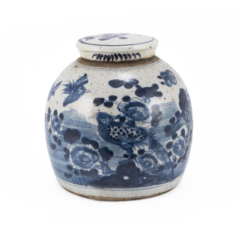 Blue & White Vintage Ming Jar Flower Bird Motif - Small