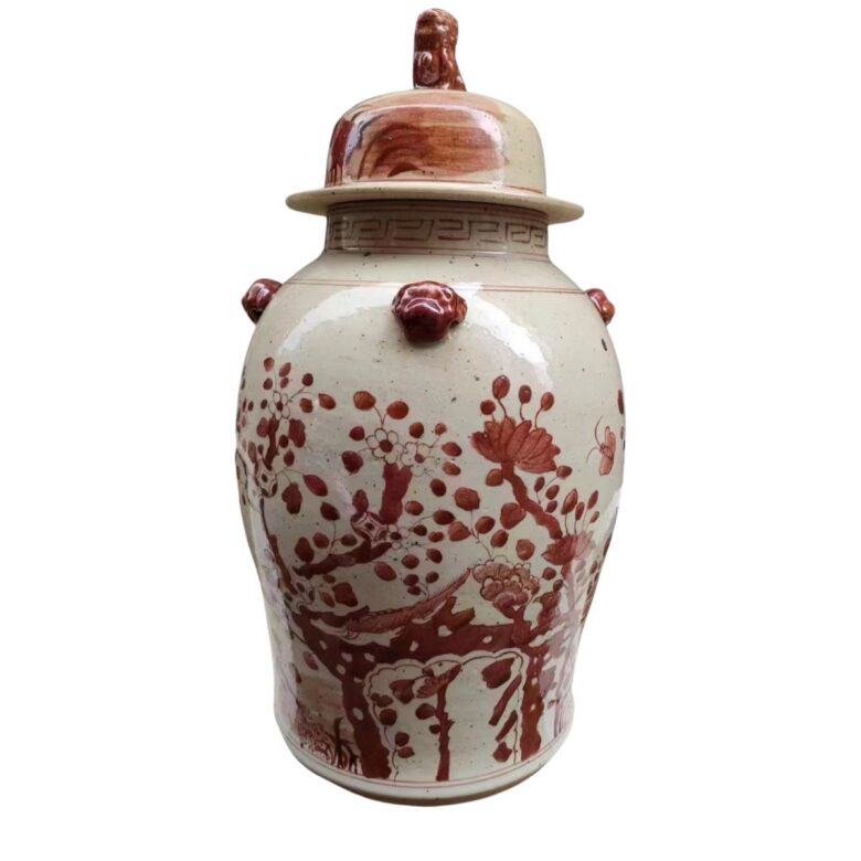 Maroon Red Vintage Temple Jar Plum Lily Pad Motif - Small