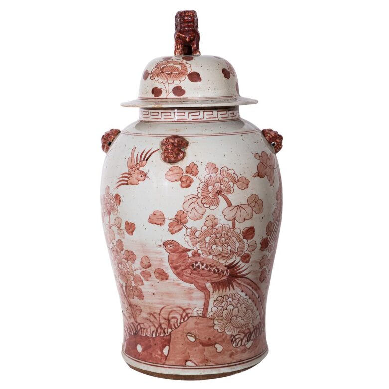 Rustic Maroon Red Flower Bird Temple Jar Large