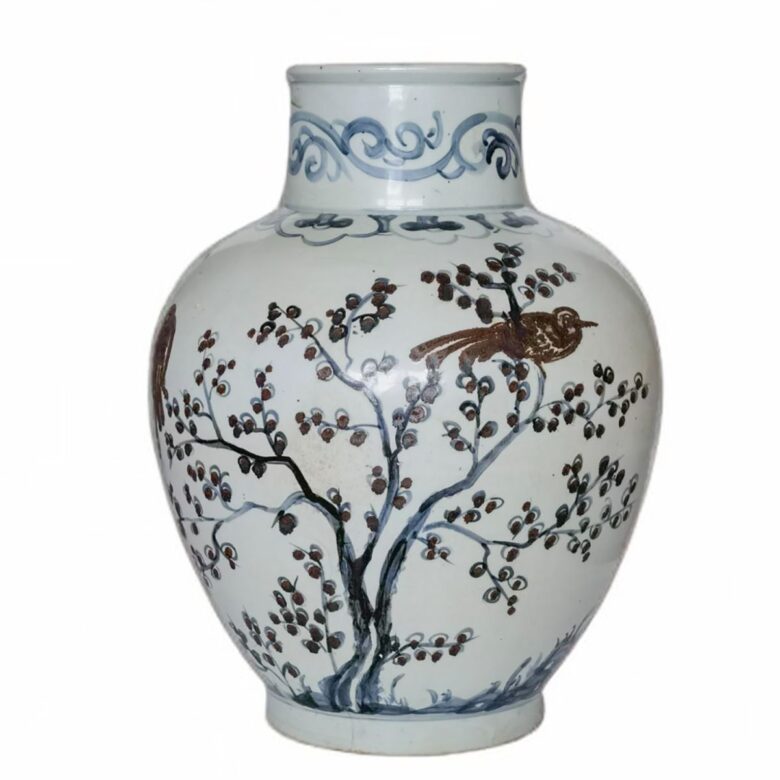 Blue & White Brown Magpie on Plum Tree Porcelain Jar