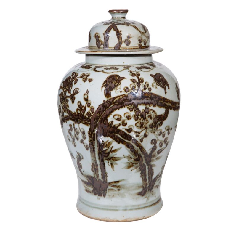 Rusty Brown Magpie on Plum Motif Porcelain Temple Jar Small