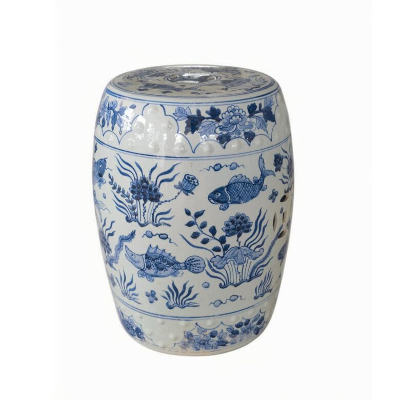 Blue & White Paris Fish Mortif Porcelain Garden Stool