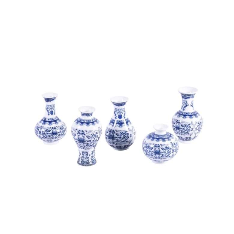 Blue and White Curly Vine Bud Vases - Set of 5