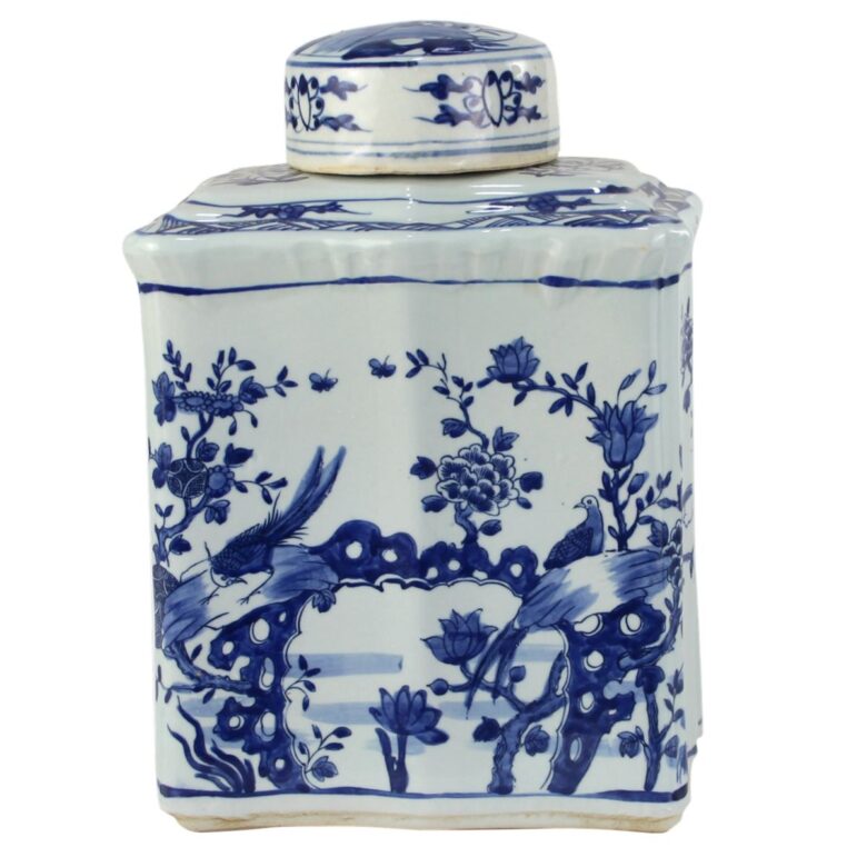 Blue And White Curved Tea Jar Bird Floral Design