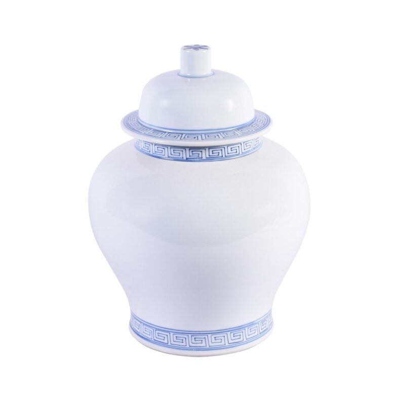 Blue & White Porcelain Temple Jar With Greek Key Trim