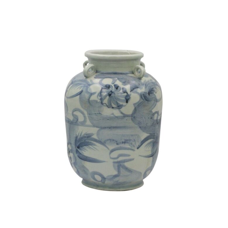 Blue And White Four Loop Handle Jar Twisted Flower Motif