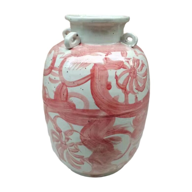 Coral Red Four Loop Handle Jar Twisted Flower Motif