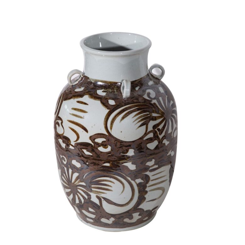 Rustic Brown Four Loop Handle Jar Twisted Flower Motif