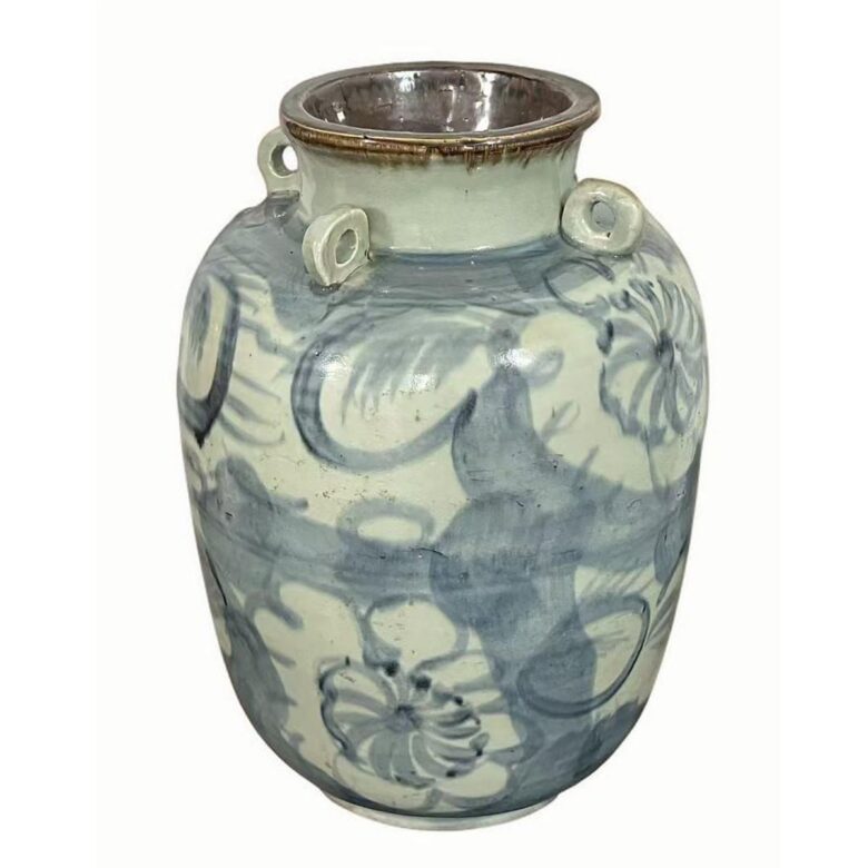 Blue And White Four Loop Porcelain Jar Twisted Flower Motif With Brown Lip