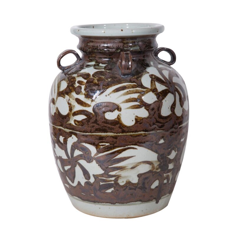 Rustic Brown Four Loop Handle Jar Twisted Flower Motif - Small