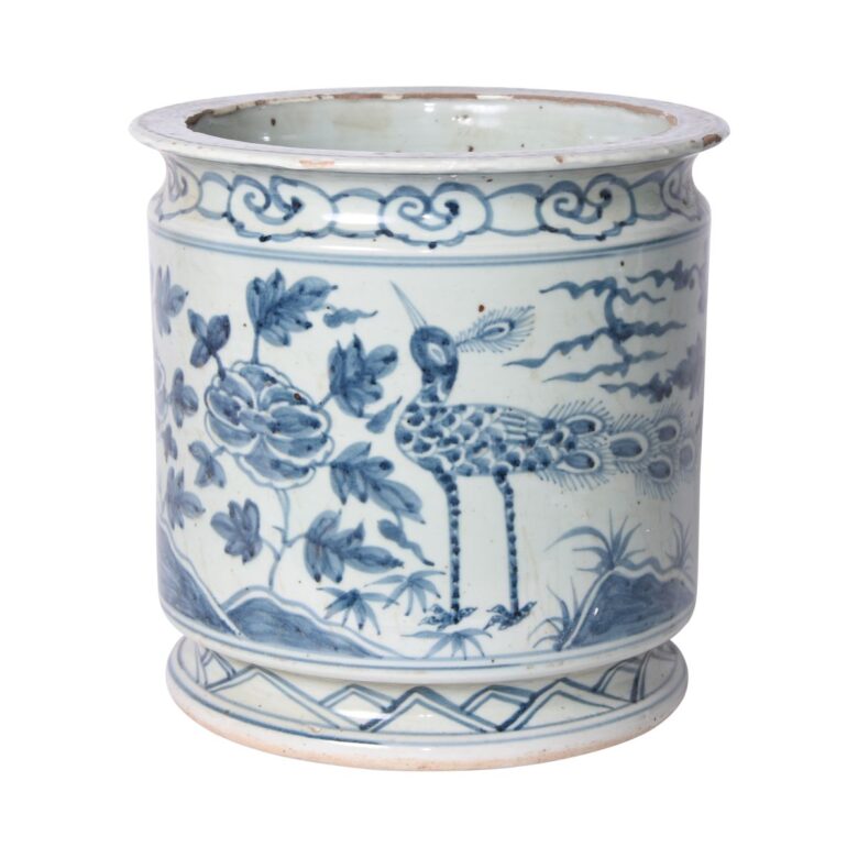 Blue and White Orchid Pot Bird Motif