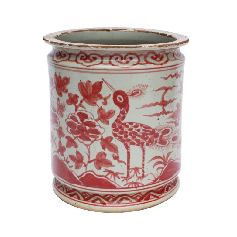 Coral Red Orchid Pot Bird Motif