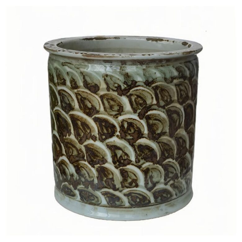 Rustic Brown Porcelain Orchid Pot Fish Scale Motif