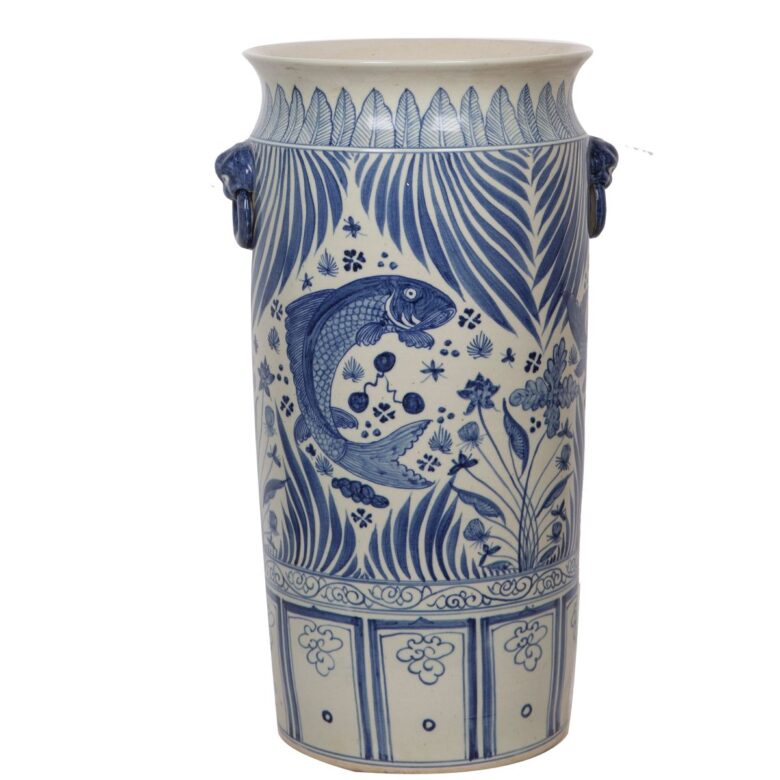 Blue & White Fish Lotus Umbrella Vase