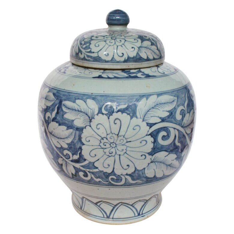 Blue And White Lidded Peony Jar