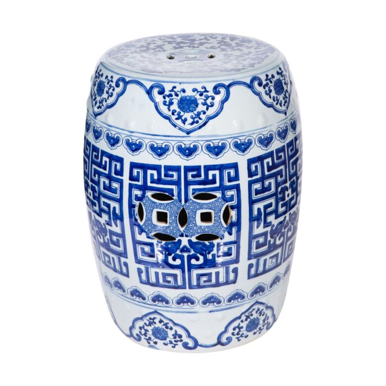 Blue and White Round Geometric Garden Stool