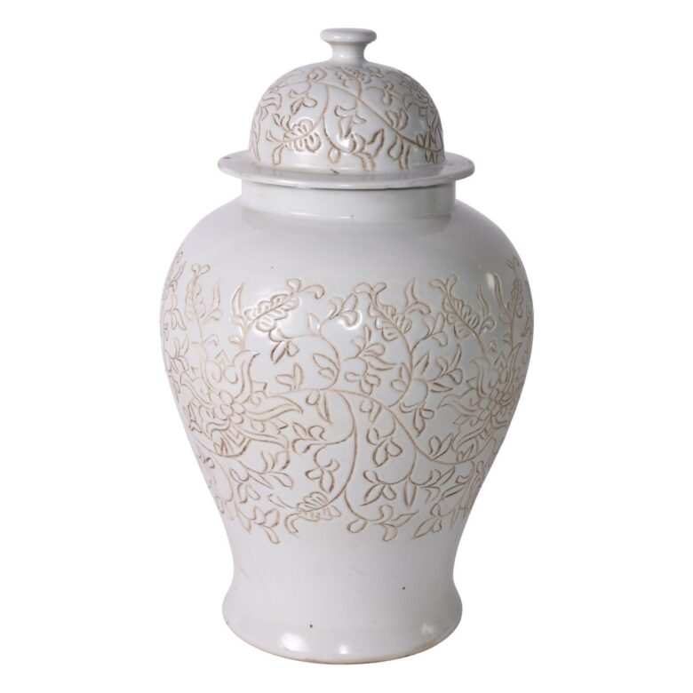 Matte White Carved Floral Temple Jar