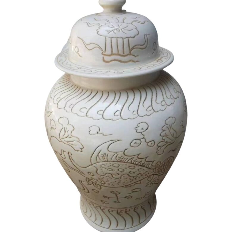 Matte White Carved Fish Porcelain Temple Jar