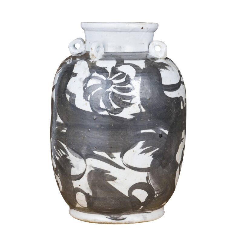 Black Four Loop Handle Jar Twisted Flower Motif