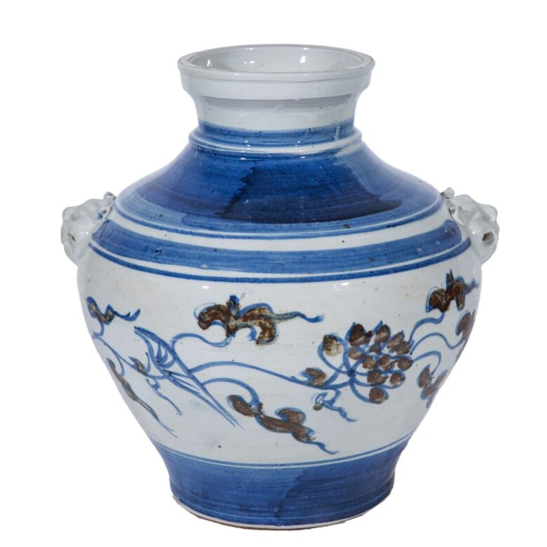 Blue Striped Lotus Lion Handle Jar - M