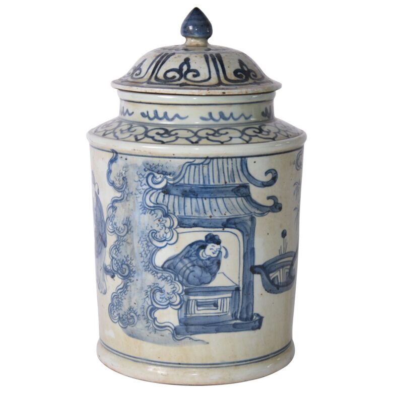 Blue And White Ancient People Lidded Jar