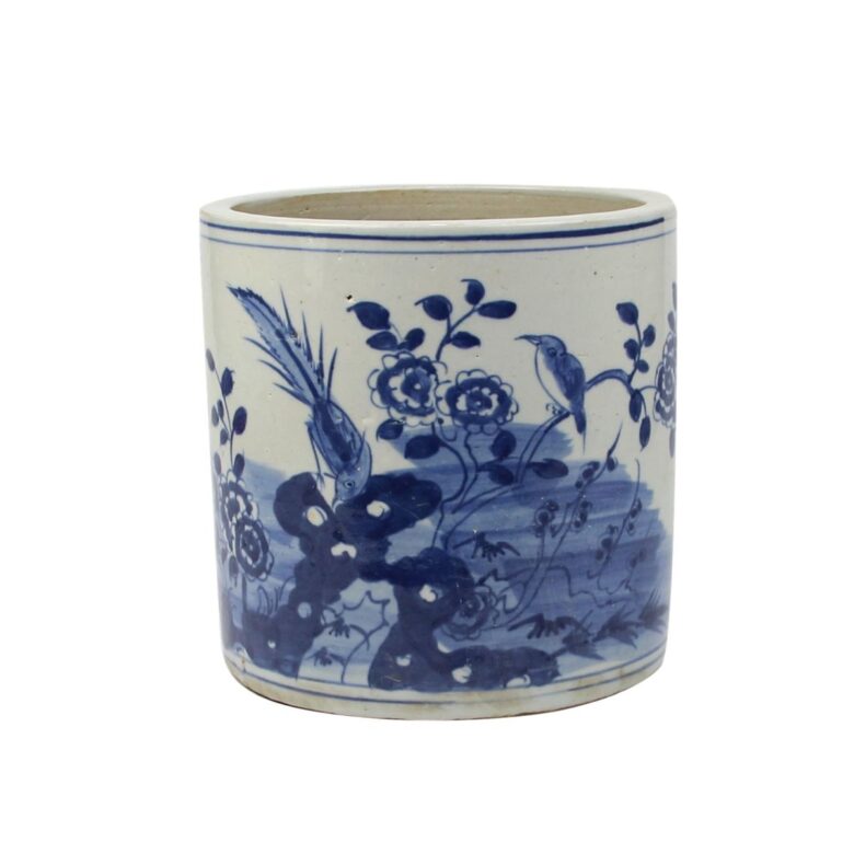 Blue And White Orchid Pot Bird Floral Motif