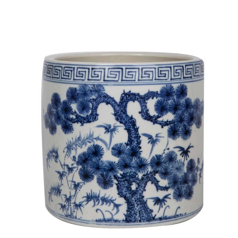 Blue And White Pine Tree Greek Key Cachepot