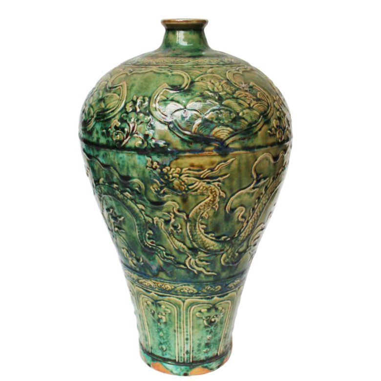 Speckled Green Carved Dragon Plum Vase