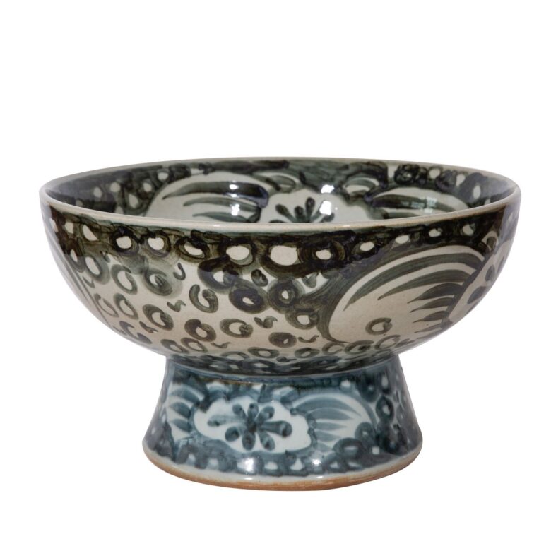 Indigo Blue Sea Flower Serving Bowl Tall Base