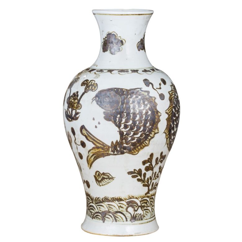 Rusty Brown Vase Fish Lotus Motif