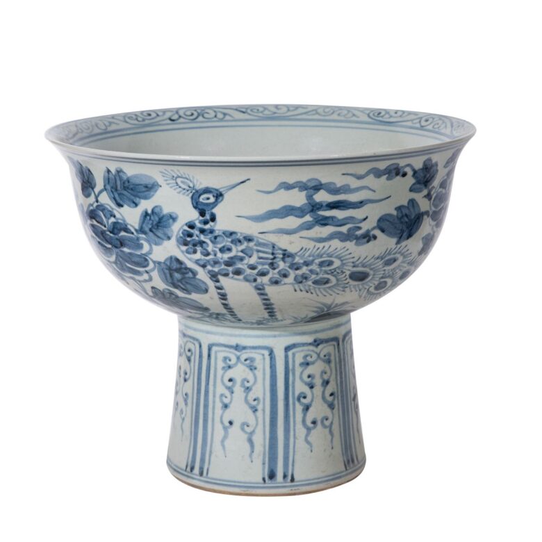 Yuan Blue And White Crane Mortif Serving Bowl Tall Base